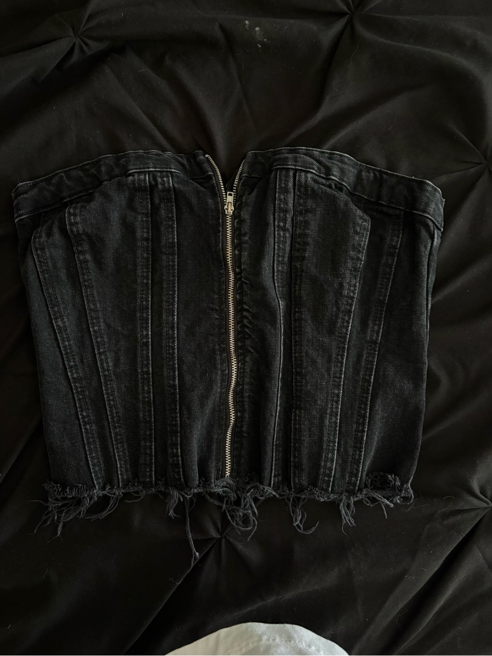 Zara Black Denim Corset Tube Top with Front Zip